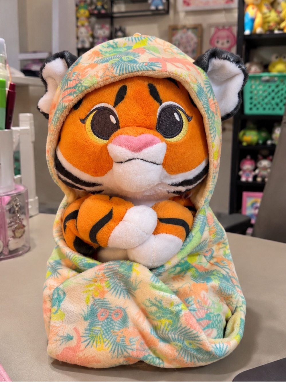 Plush Tiger in Tropical Hooded Blanket - Orange